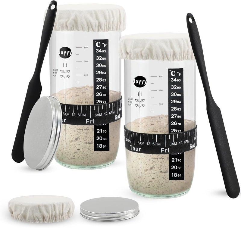 Joyyy Sourdough Starter Jar, Beginner Sourdough Starter Kit, 34oz Large Capacity Glass Fermentation Jar with Lid & Tracker for Homemade Sour Dough (Set of 2) - Image 1